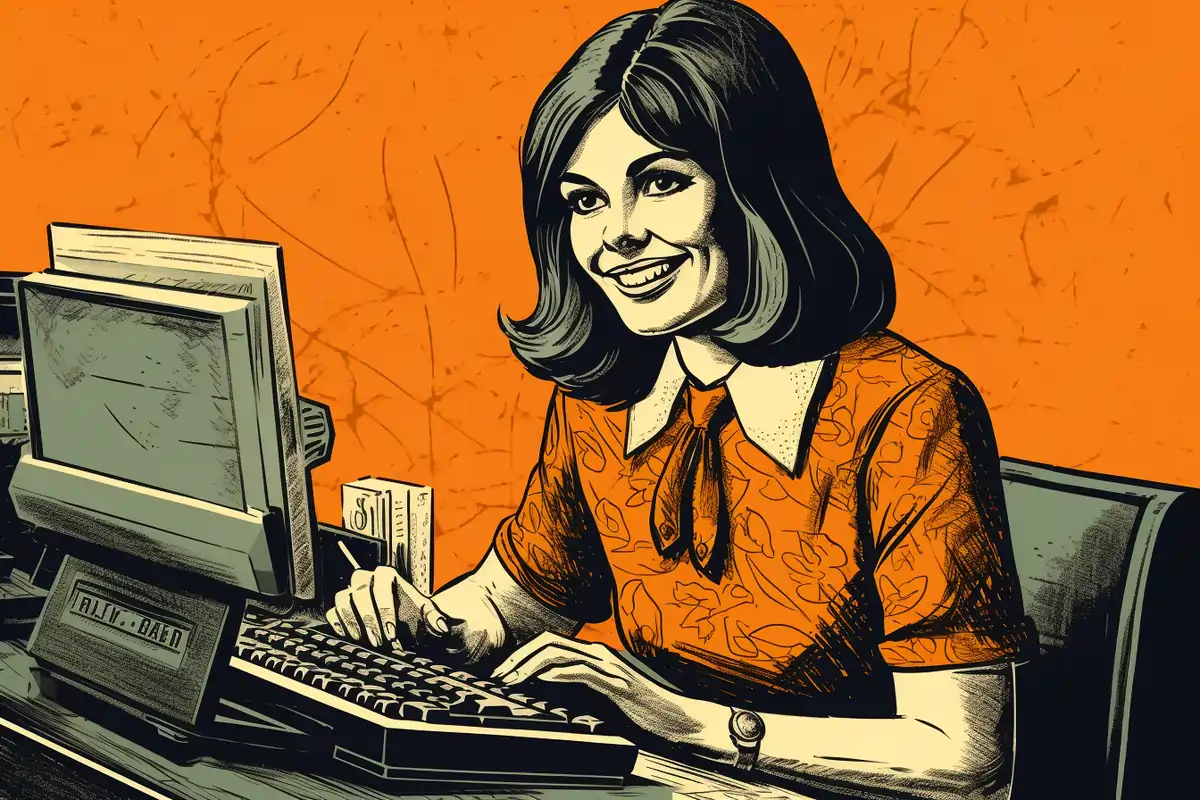 Female secretary smiling while working on computer