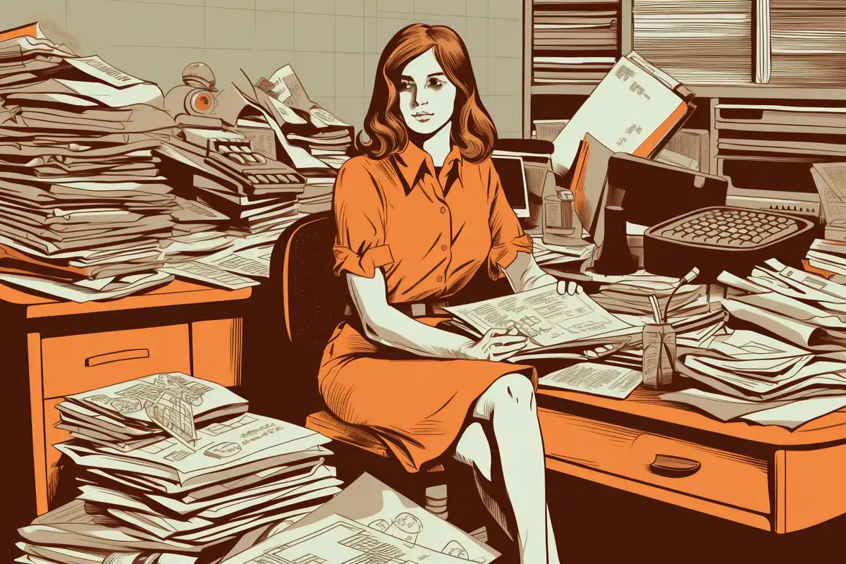 virtual assistant sitting near a pile of papers, illustration
